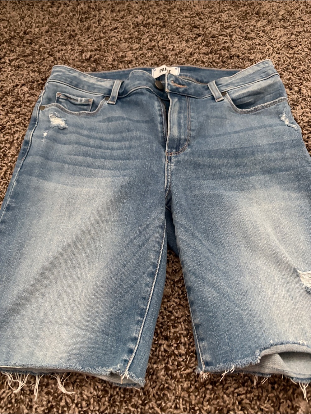 PAIGE Light Blue Distressed Denim Shorts